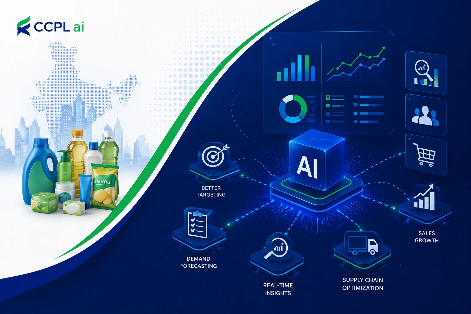 Demand forecasting, inventory and sales performance dashboard overlaid on an FMCG distribution map of India
